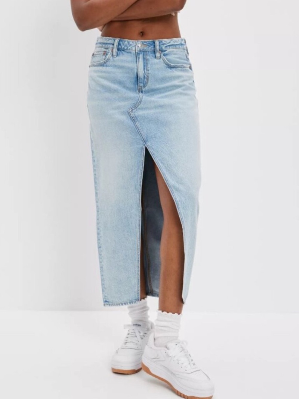 American Eagle Light Blue Denim Maxi Skirt with Front Slit